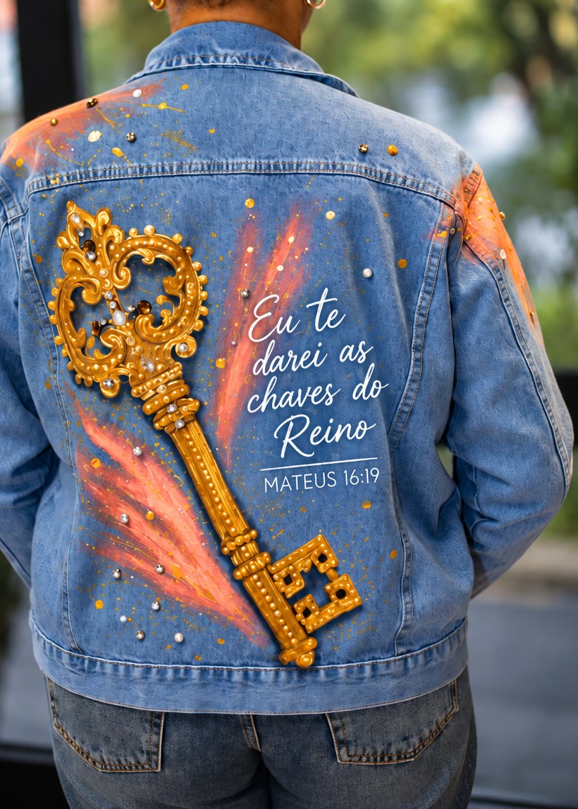 Costas de jaqueta jeans com chave dourada em relevo, pinceladas rosadas, pedras e a frase “Eu te darei as chaves do Reino — Mateus 16:19”