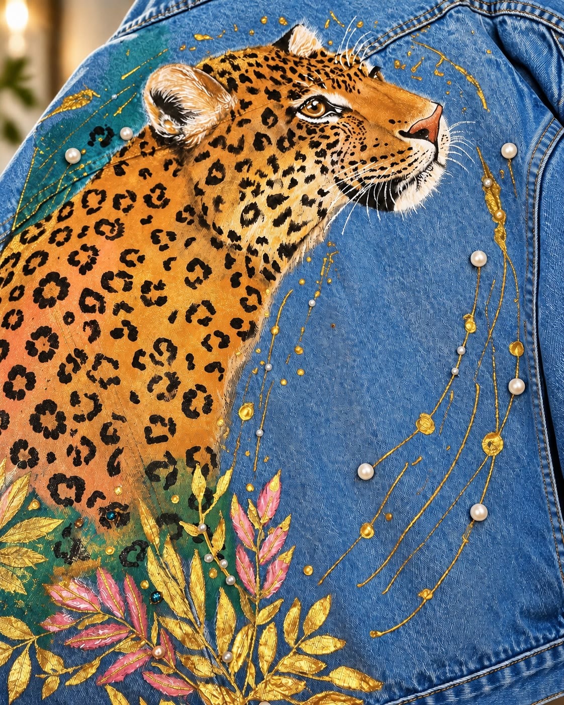 Detalhe de jaqueta jeans azul com onça-pintada pintada à mão, folhas douradas e rosadas, pérolas e traços em dourado
